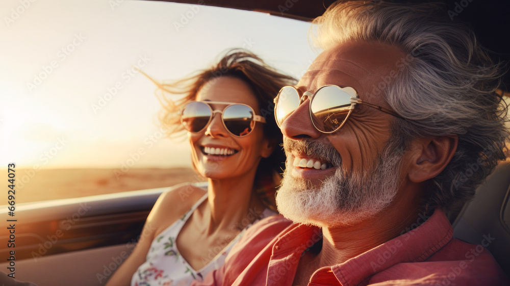 A happy, old husband and wife couple enjoying their retirement - driving a convertible while on a road trip. - obrazy, fototapety, plakaty 