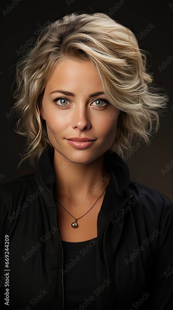 Portrait of cheerful attractive middle aged blonde woman smiling at camera, posing on background, demonstrating glowing perfect skin, copy space. Woman portrait illustration. Generative AI art