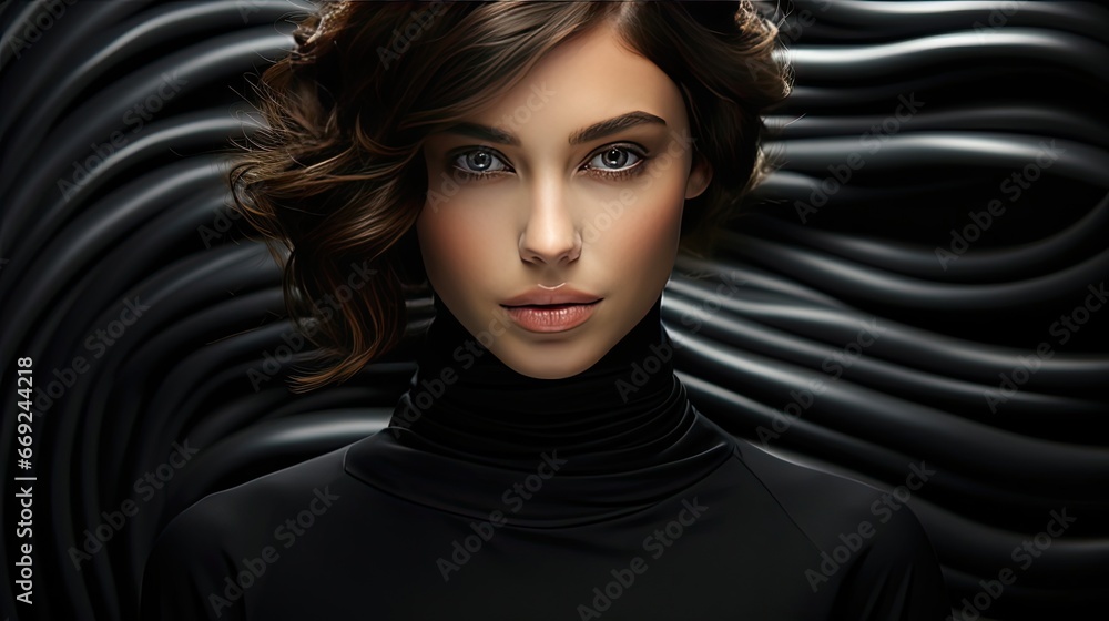 Black and white fashion art studio portrait of beautiful elegant woman in black turtleneck. Hair is collected in high beam. Model illustration. Generative AI Black and white fashion art studio portrait of beautiful elegant woman in black turtleneck. Hair is collected in high beam. Model illustration. Generative AI