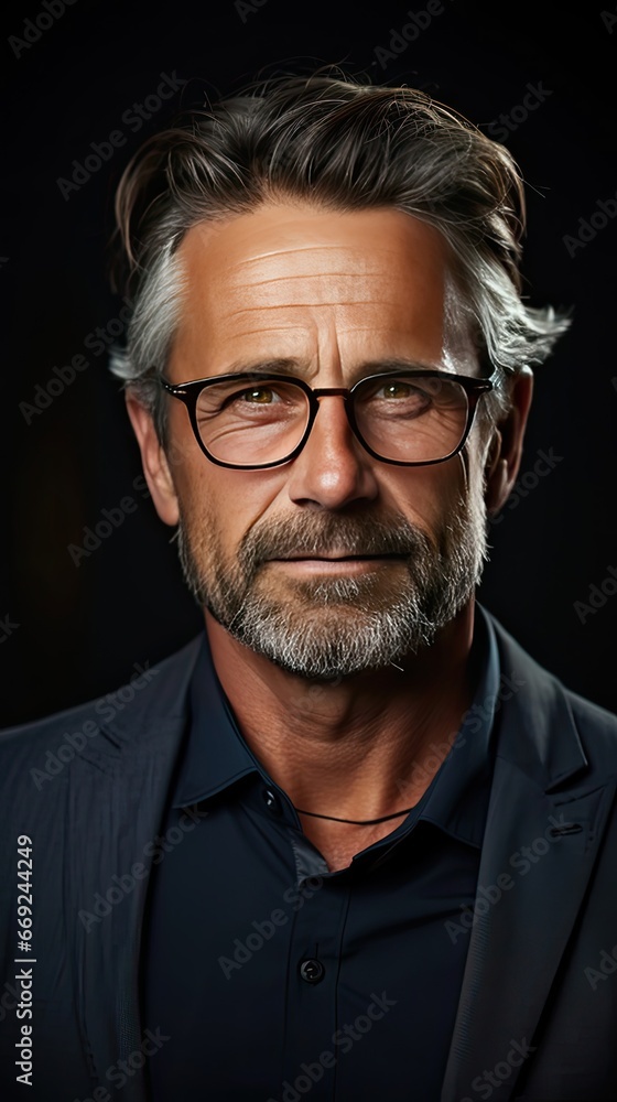 Portrait of a mature businessman wearing glasses on background. Happy senior latin man looking at camera over grey wall with copy space. Man portrait illustration. Generative AI