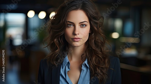 Close up portrait of serious  confident businesswoman looking straight  on background. Woman portrait illustration. Generative AI