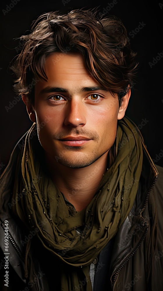 Fototapeta premium Close-up portrait of a young attractive man. Man face portrait illustration. Generative AI