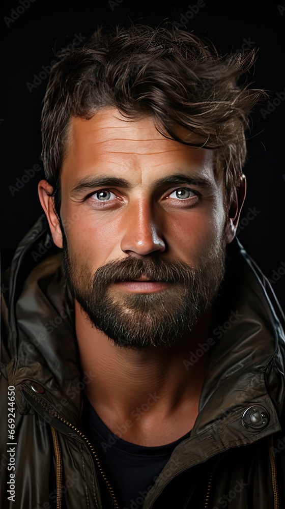 Close up portrait of a confident young man with beard looking at camera. Man face portrait illustration. Generative AI Close up portrait of a confident young man with beard looking at camera. Man face portrait illustration. Generative AI