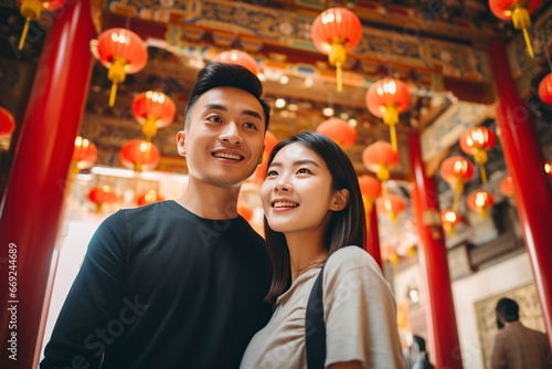 cute couple of Asian tourists taking photos with a mobile phone