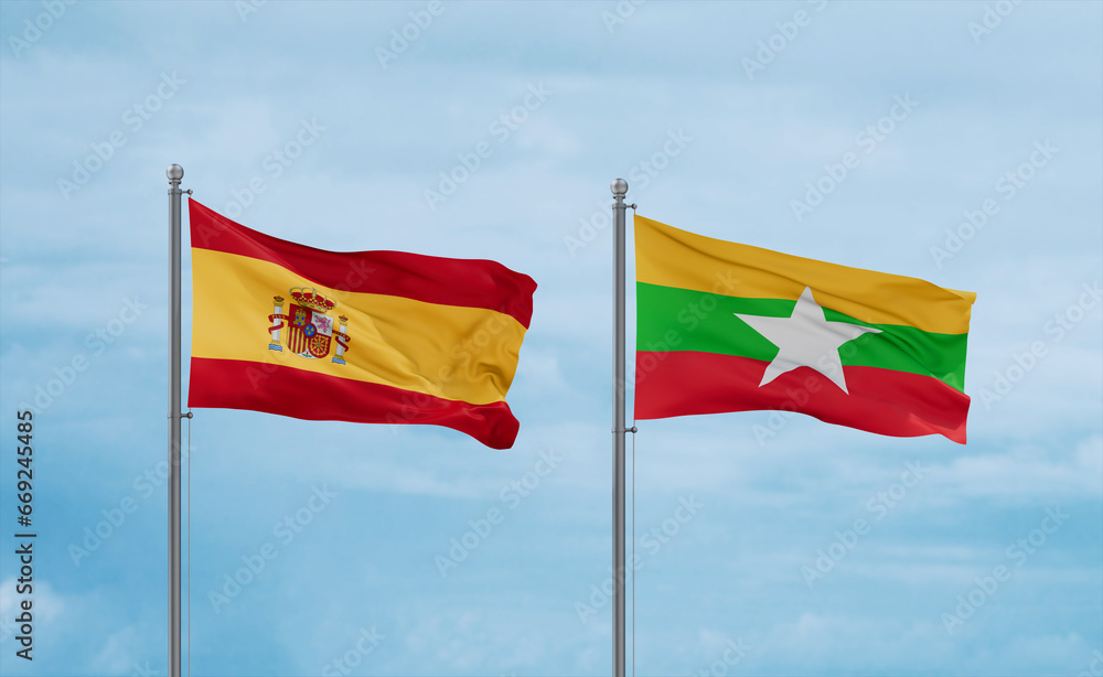 Myanmar and Spain flags, country relationship concept Myanmar and Spain flags, country relationship concept