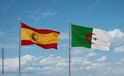 Spain and Algeria national flags, country relationship concept