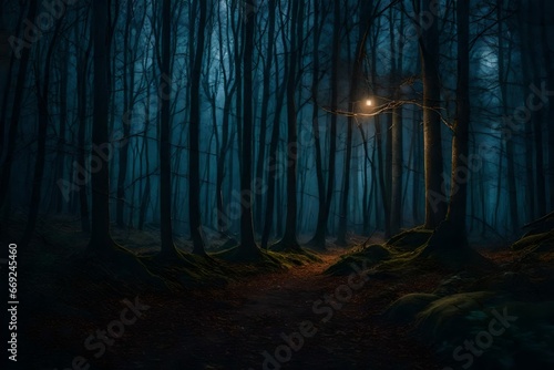 A realistic, eerie, and scary woodland at night
