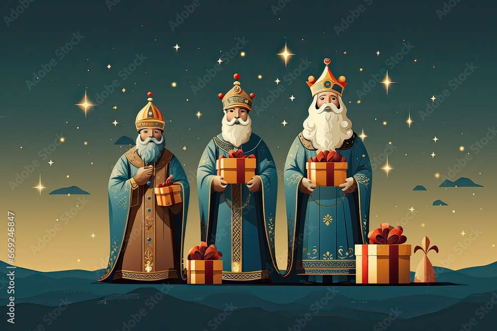 Three wise men and presents. Reyes magos. Caspar, Melchior and ...