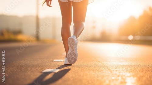 Legs and shoes, walking down the street, backlit