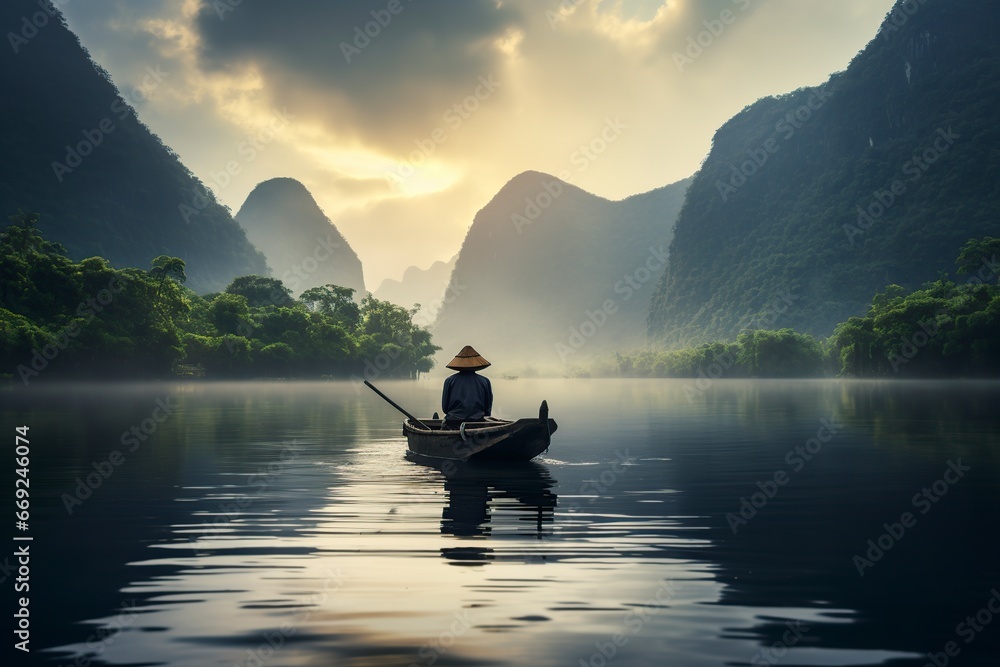 asian man rowing his boat on a lake asian man rowing his boat on a lake