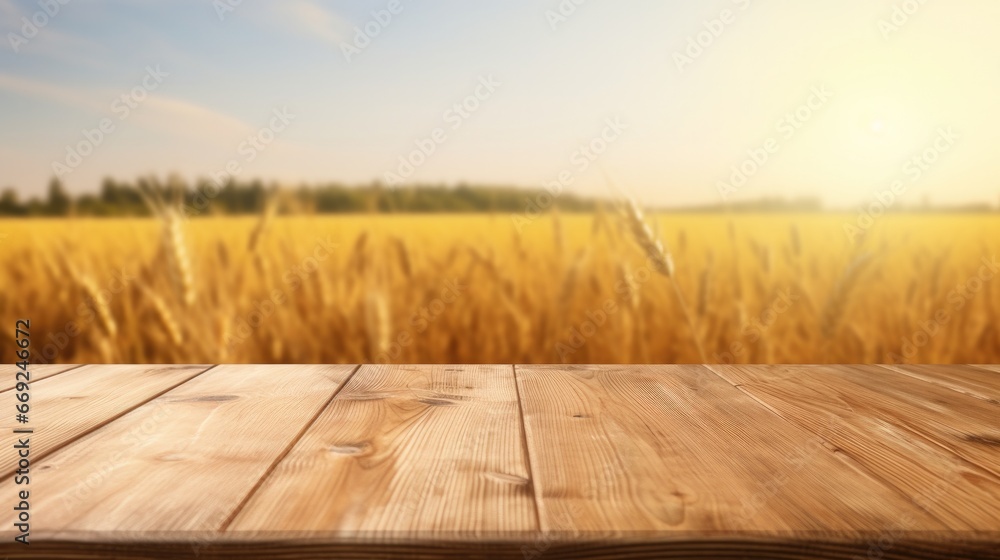 Empty wooden table top with a background of golden rice fields nearing harvest. bright morning light Templates for displaying products