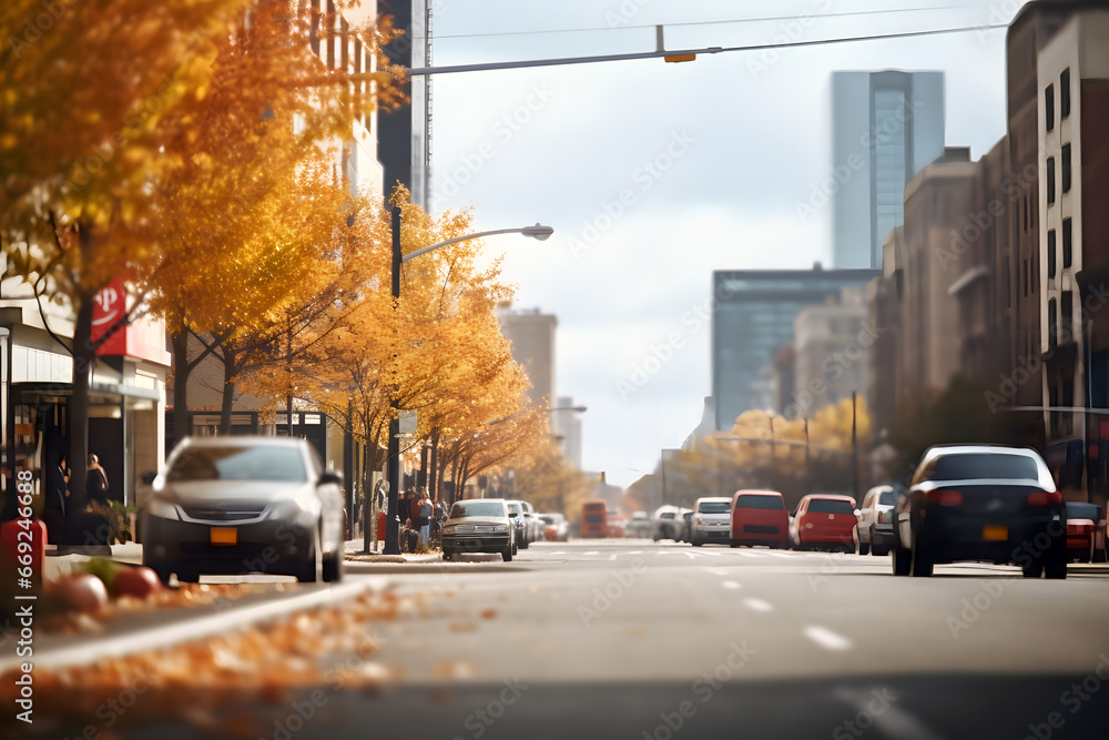 American downtown street view at autumn morning. Neural network generated image. Not based on any actual scene. American downtown street view at autumn morning. Neural network generated image. Not based on any actual scene.