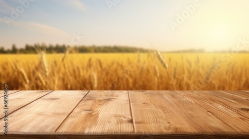 Empty wooden table top with a background of golden rice fields nearing harvest. bright morning light Templates for displaying products