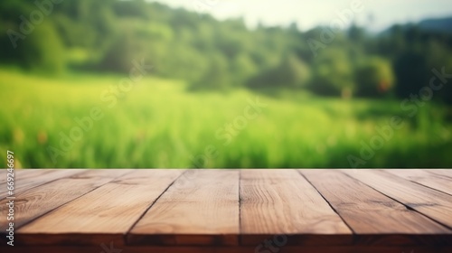 Empty wooden table top with a background of green rice fields Out-of-focus bokeh Templates for displaying products