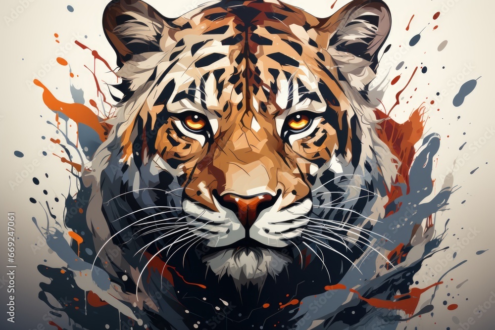 A tiger with paint splatters on it's face.