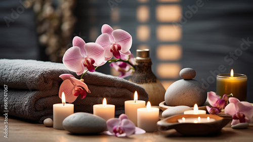 Table with candles  oils and towels at massage spa