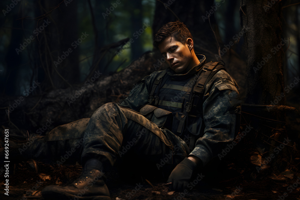 dirty tired soldier sleeps sitting on deep forest floor at summer night. Neural network generated image. Not based on any actual person or scene.