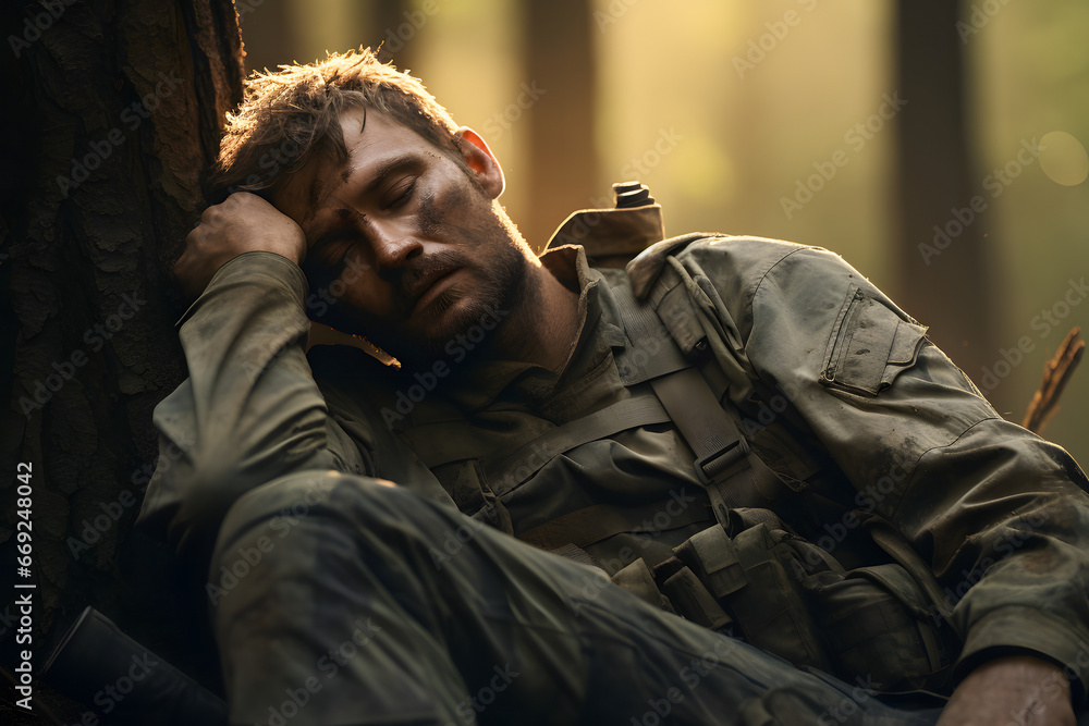 Fototapeta premium dirty tired soldier sleeps sitting on deep forest floor at summer day. Neural network generated image. Not based on any actual person or scene.