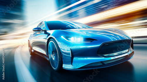 Futuristic sports car on highway  powerful acceleration of a supercar on a day track with motion blur lights and trails