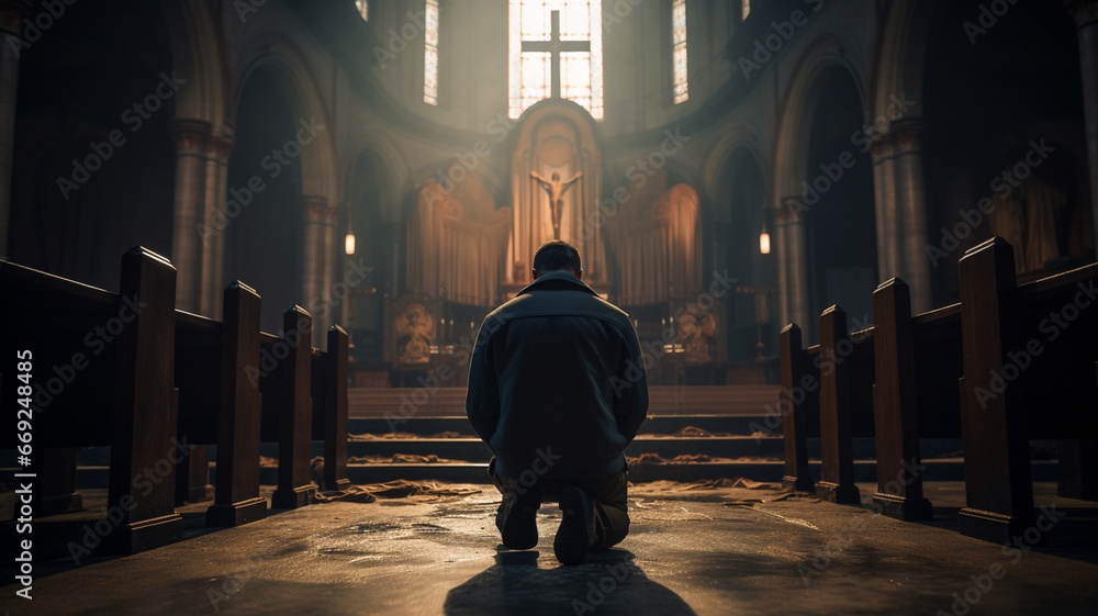 Male praying inside of christian church, concept of religion faith and christianity - obrazy, fototapety, plakaty 