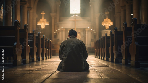 Male praying inside of christian church, concept of religion faith and christianity