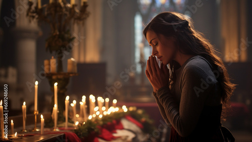Woman praying in christian church during christmas, concept of fatih religion and christianity