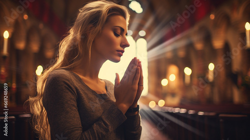 Woman praying in christian church during christmas, concept of fatih religion and christianity