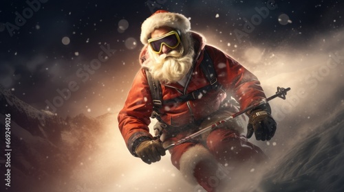 Atmospheric portrait of Santa Claus skiing downhill in high mountains through the snow