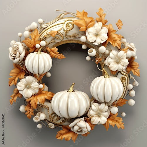 A wreath with white pumpkins and yellow leaves