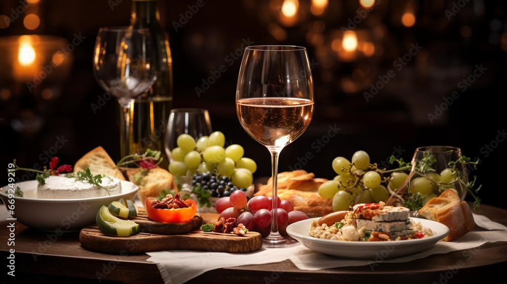 elegant dining table with a lot of appetizers such as wine and grapes elegant dining table with a lot of appetizers such as wine and grapes