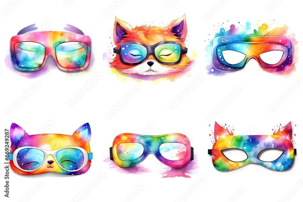 A set of six different colored sleep masks, watercolor clipart on white background.