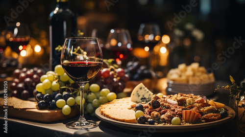 elegant dining table with a lot of appetizers such as wine and grapes