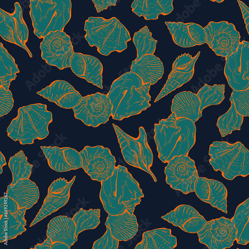 Sea shell decorative seamless abstract pattern. Summer beach holiday, ocean scuba diving and snorkeling theme for textile print, fabric design, wallpaper, background, wrapping paper, trendy fashion.