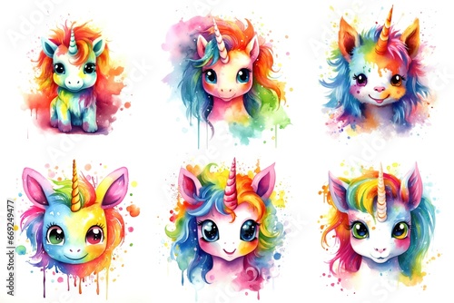 A set of six different colored unicorns, watercolor clipart on white background. © Friedbert
