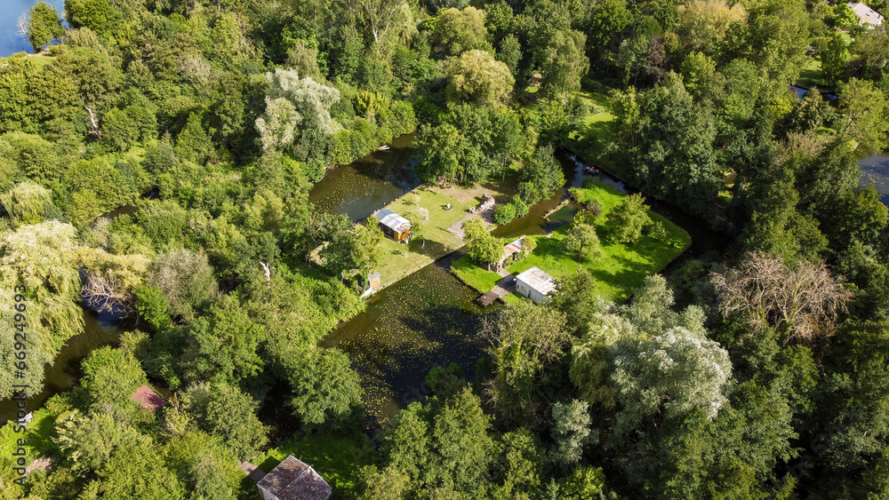 Aerial view of the Hortillonnages of Amiens made of several islands covered with gardens sheds and plantations in a swampy area of the river Somme in Picardie, France