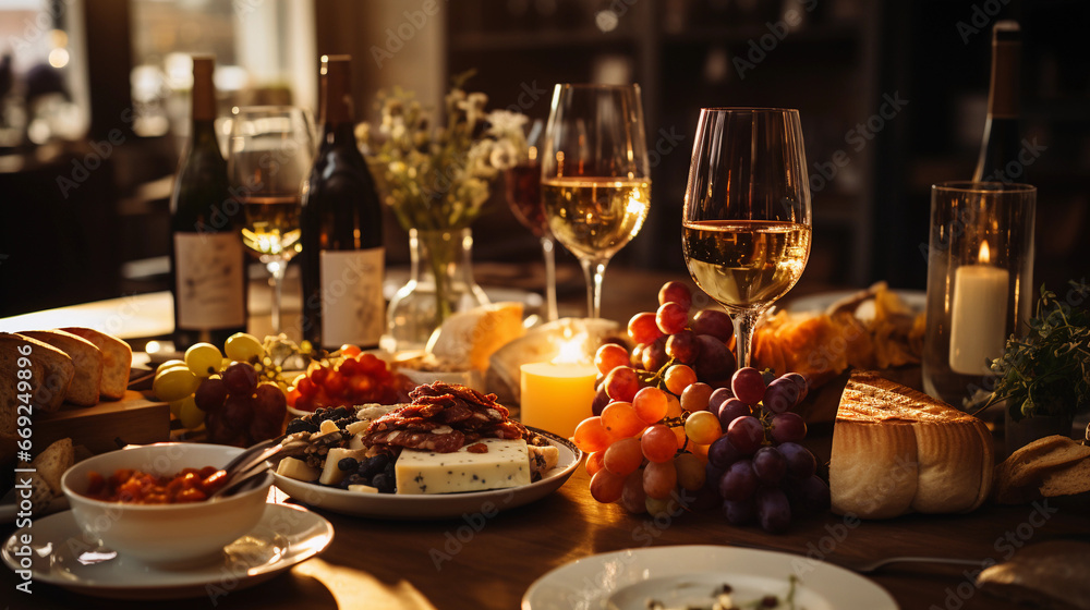 elegant dining table with a lot of appetizers such as wine and grapes elegant dining table with a lot of appetizers such as wine and grapes