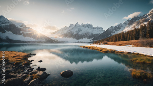 Majestic Mountain Sunrise Over Crystal Clear Alpine Lake Landscape