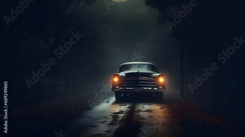old car driving in the night spooky road