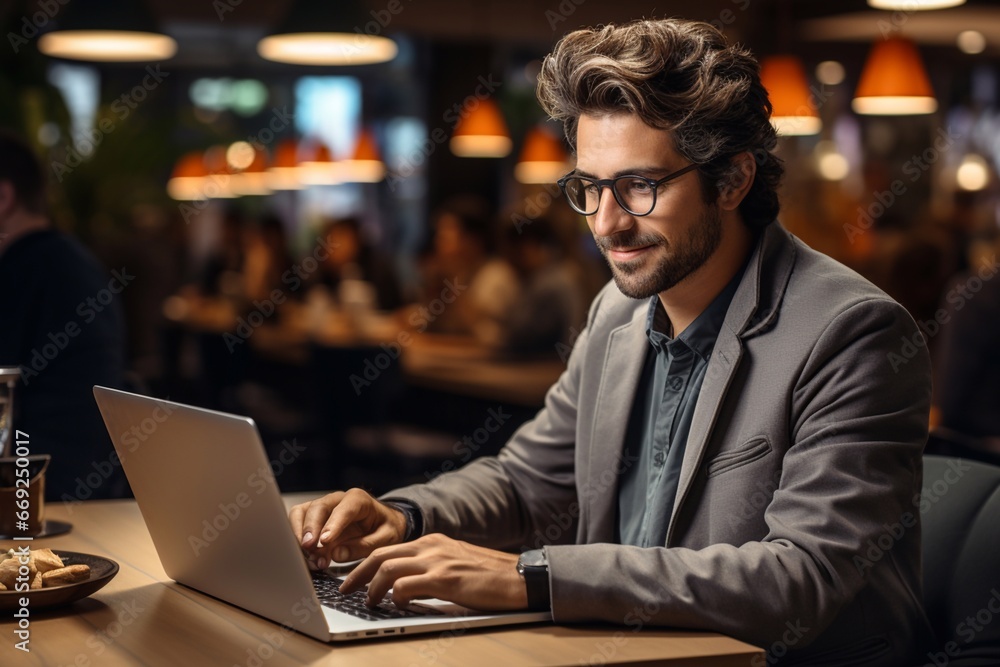 Freelancer or student working on a laptop in a cafe. Freelancer or student working on a laptop in a cafe.