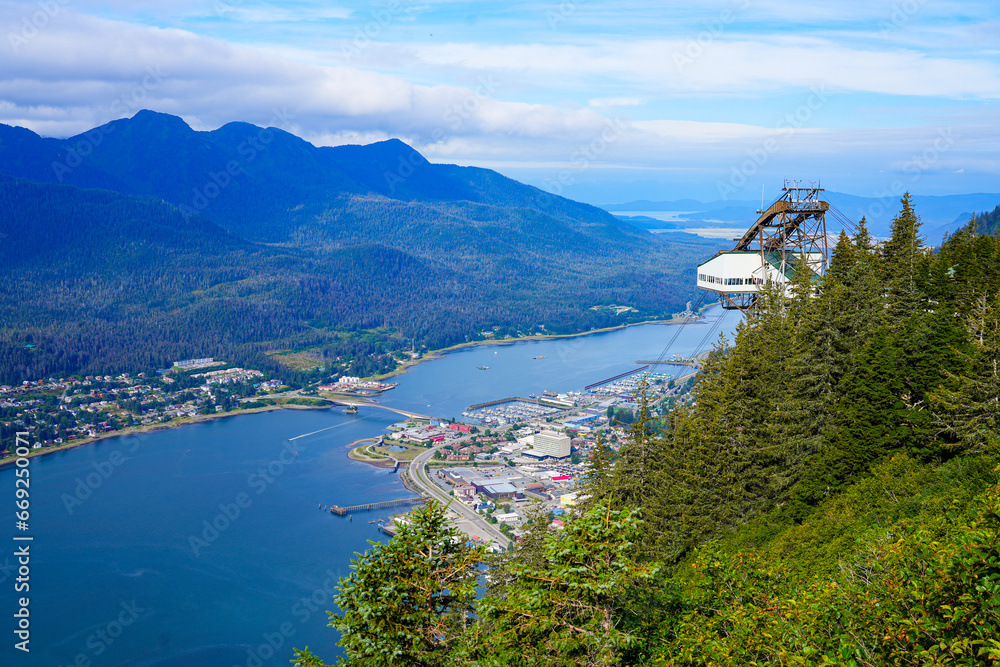 Aerial view of the historic city center of Juneau, the capital city of Alaska, USA, from the top of Gastineau Peak accessible with the Goldbelt Tram cable car