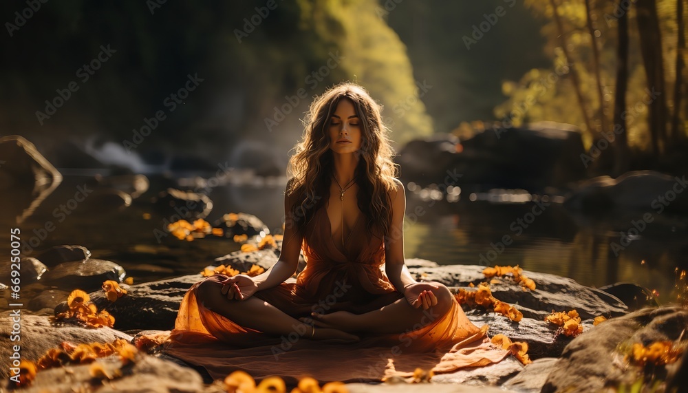 a woman sits meditating and entering into herself. created by ai - obrazy, fototapety, plakaty 