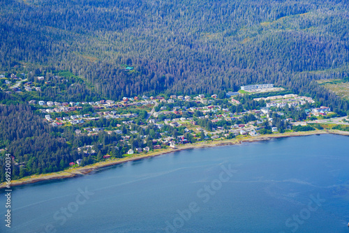 Aerial view of Douglas, an oceanfront residential neighborhood facing Juneau, the capital city of Alaska, USA - Real estate development along the coast of a fjord in the American arctic