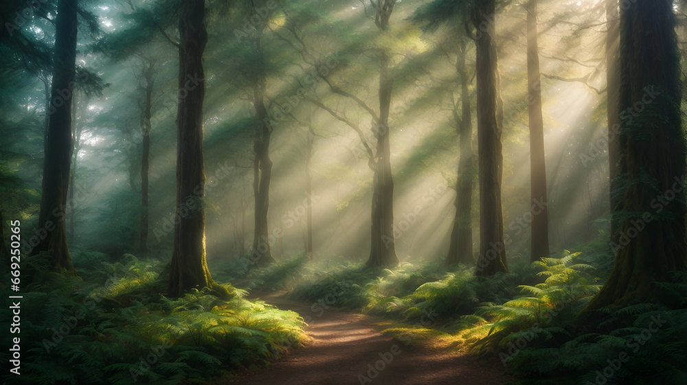 Obraz premium Enchanted Forest with Sunlight Filtering Through Ancient Trees