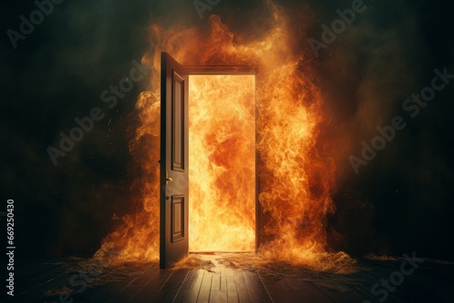 Opening a door to reveal a room engulfed in flames, intense and perilous.