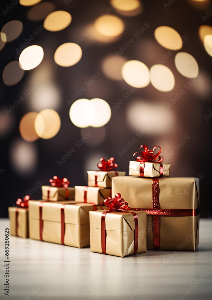 Festive gift boxes with ribbons on a blurred background, space for text Festive gift boxes with ribbons on a blurred background, space for text