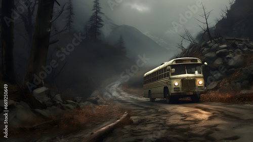vintage bus in spooky road