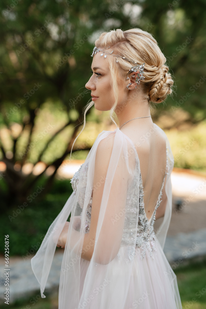 portrait of a happy bride in a light light dress in wearing elven accessories portrait of a happy bride in a light light dress in wearing elven accessories