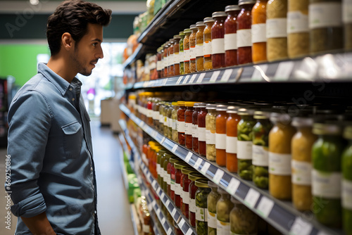Photographie young adult Mexican man choosing a product in a grocery store