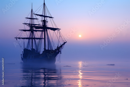spectral ghost ship at foggy morning or evening. Neural network generated image. Not based on any actual person or scene. © lucky pics