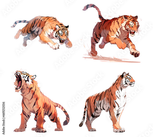 set of isolated anime tigers